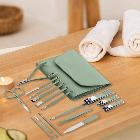Stainless Steel Professional 16-Piece Manicure Pedicure Facial Set Grooming Kit with Luxurious Portable Travel Leather Case