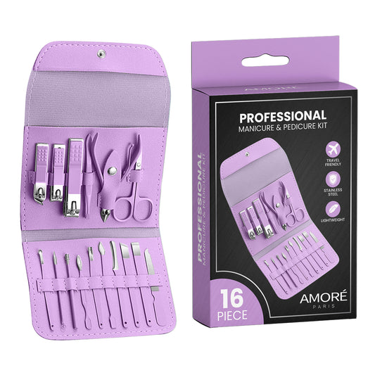 Stainless Steel Professional 16-Piece Manicure Pedicure Facial Set Grooming Kit with Luxurious Portable Travel Leather Case