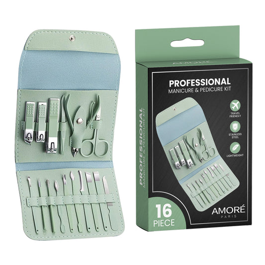 Stainless Steel Professional 16-Piece Manicure Pedicure Facial Set Grooming Kit with Luxurious Portable Travel Leather Case