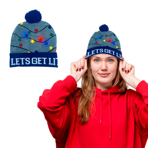 COLORFUL WARM LED CHRISTMAS HOLIDAY POM POM BEANIE HAT WINTER KNIT