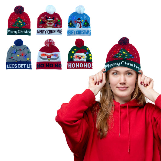 COLORFUL WARM LED CHRISTMAS HOLIDAY POM POM BEANIE HAT WINTER KNIT