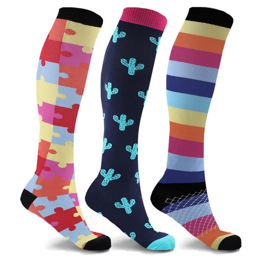Unisex Fun Pattern Knee High Compression Socks (3-Pairs)